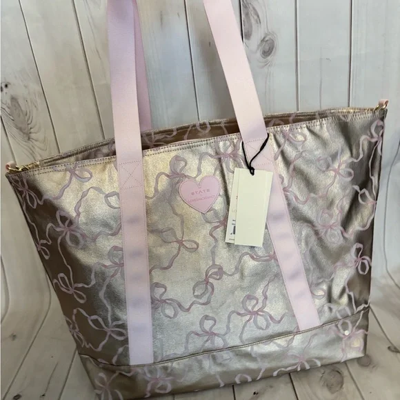 LoveShackFancy state pink & gold xl tote weekender, overnight travel /duffle bag